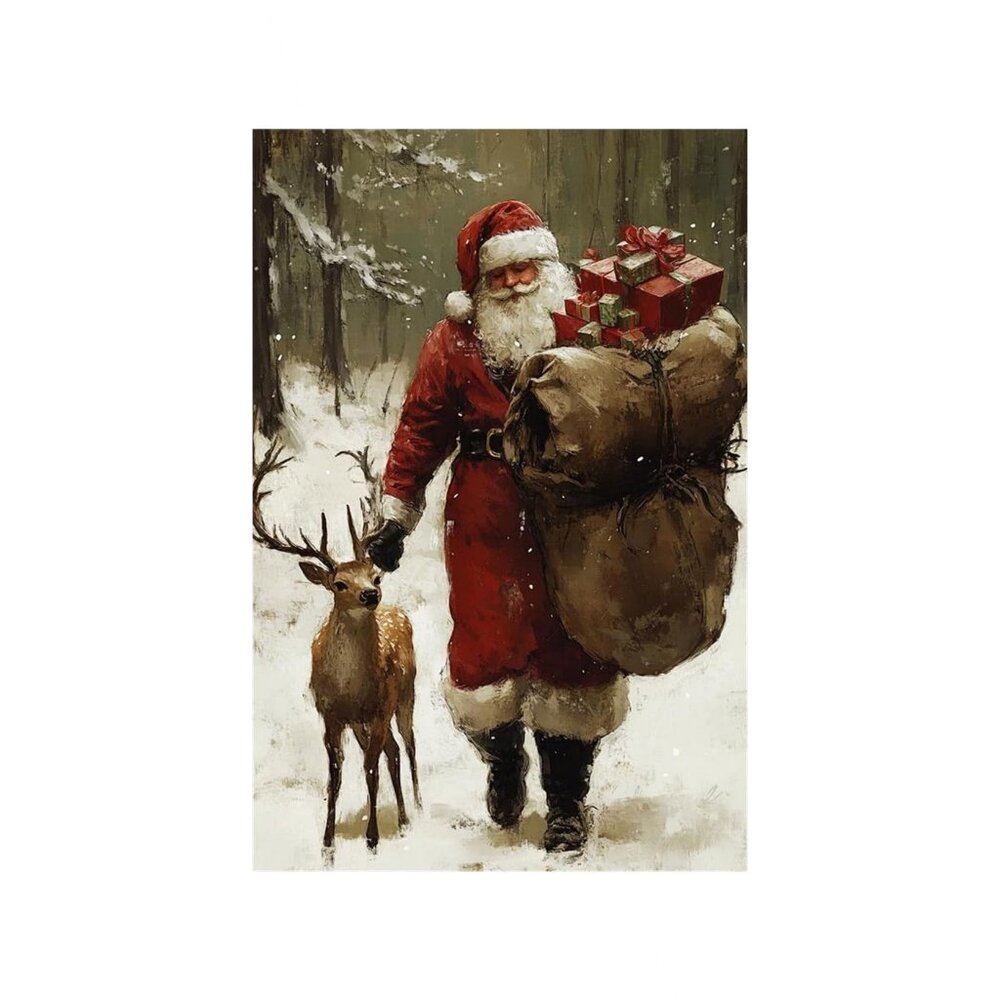 Santa Claus with Reindeer Unframed Canvas Wall Art  24" X 36"